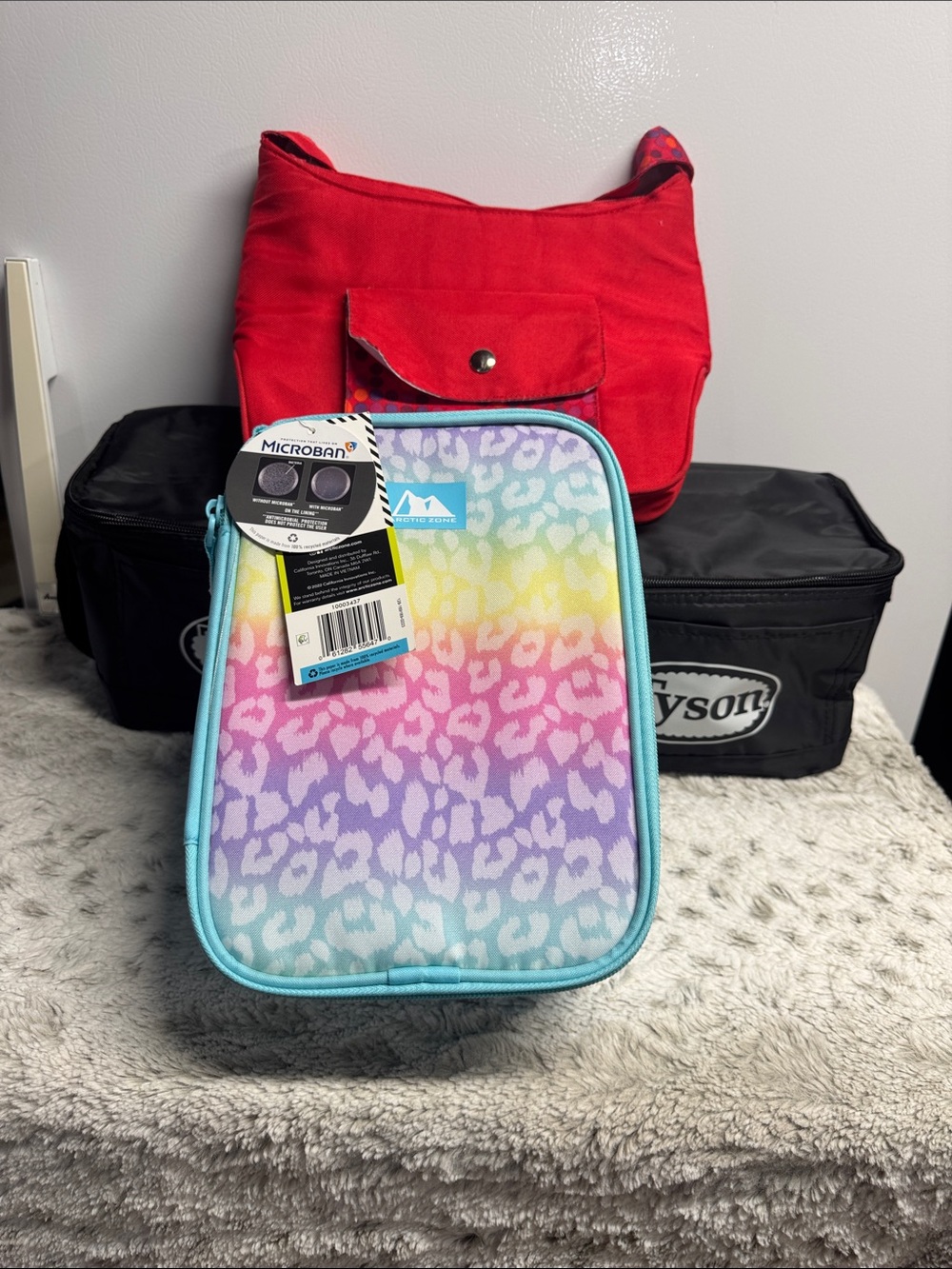 Aqua Trim Pastel Rainbow Leopard Lunch Bag with 2 Tyson and red lunch bag Bundle